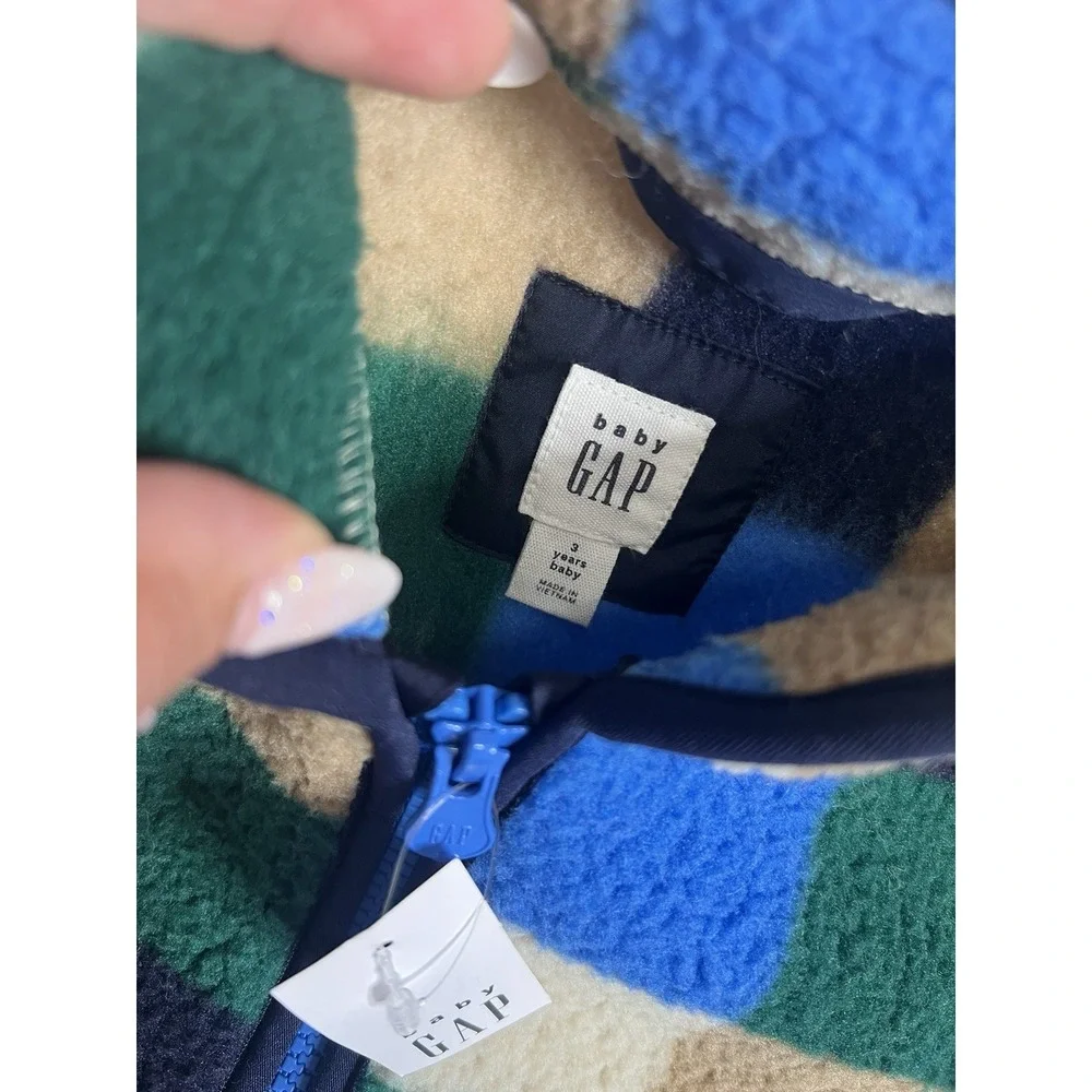 Baby Gap Fleece Jacket 3 Years Green Blue Plaid Buffalo Check Zip Cozy Sherpa